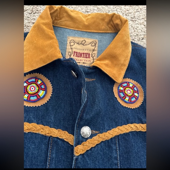 Frontier Collection Phoenix USA Denim Beaded Leather detail Chore Coat sz Large - Picture 8 of 12